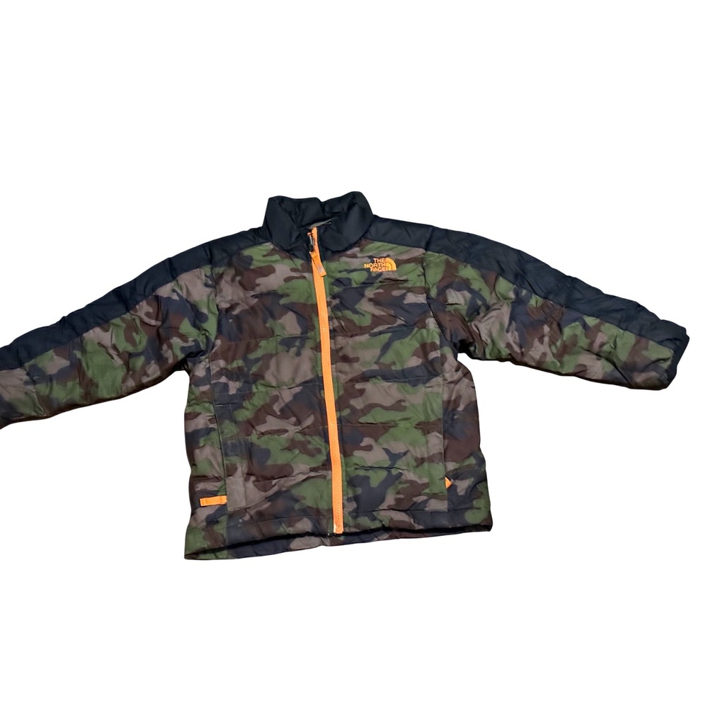 The North Face Boy 550 Down Puffer Jacket Camo Black Orange Full Zip Coats Sz 6
